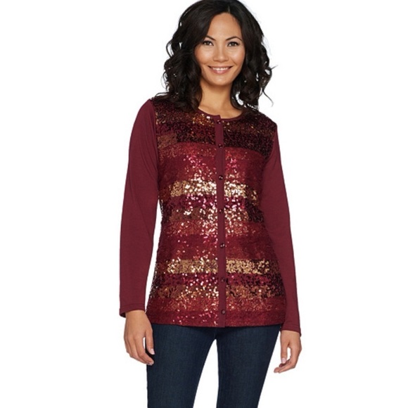 Quacker Factory Lace and Sequin Button Front Bracelet Slv Cardigan Plus Size 1X - Picture 1 of 8